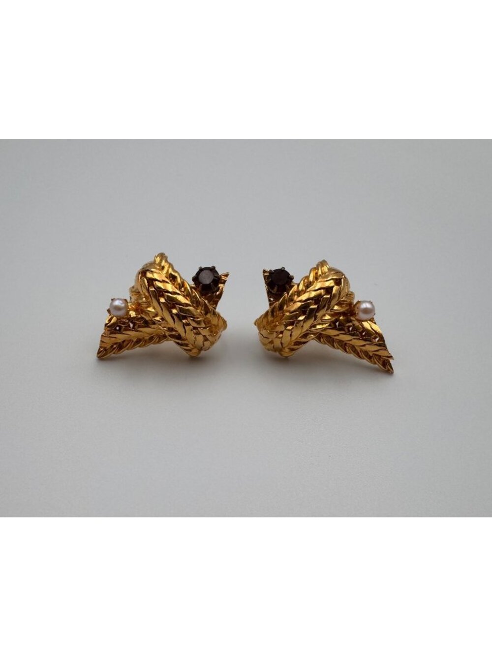 Vintage Hobe Gold Tone Leaf Faux Pearl Garnet Glass Clip Earrings Signed